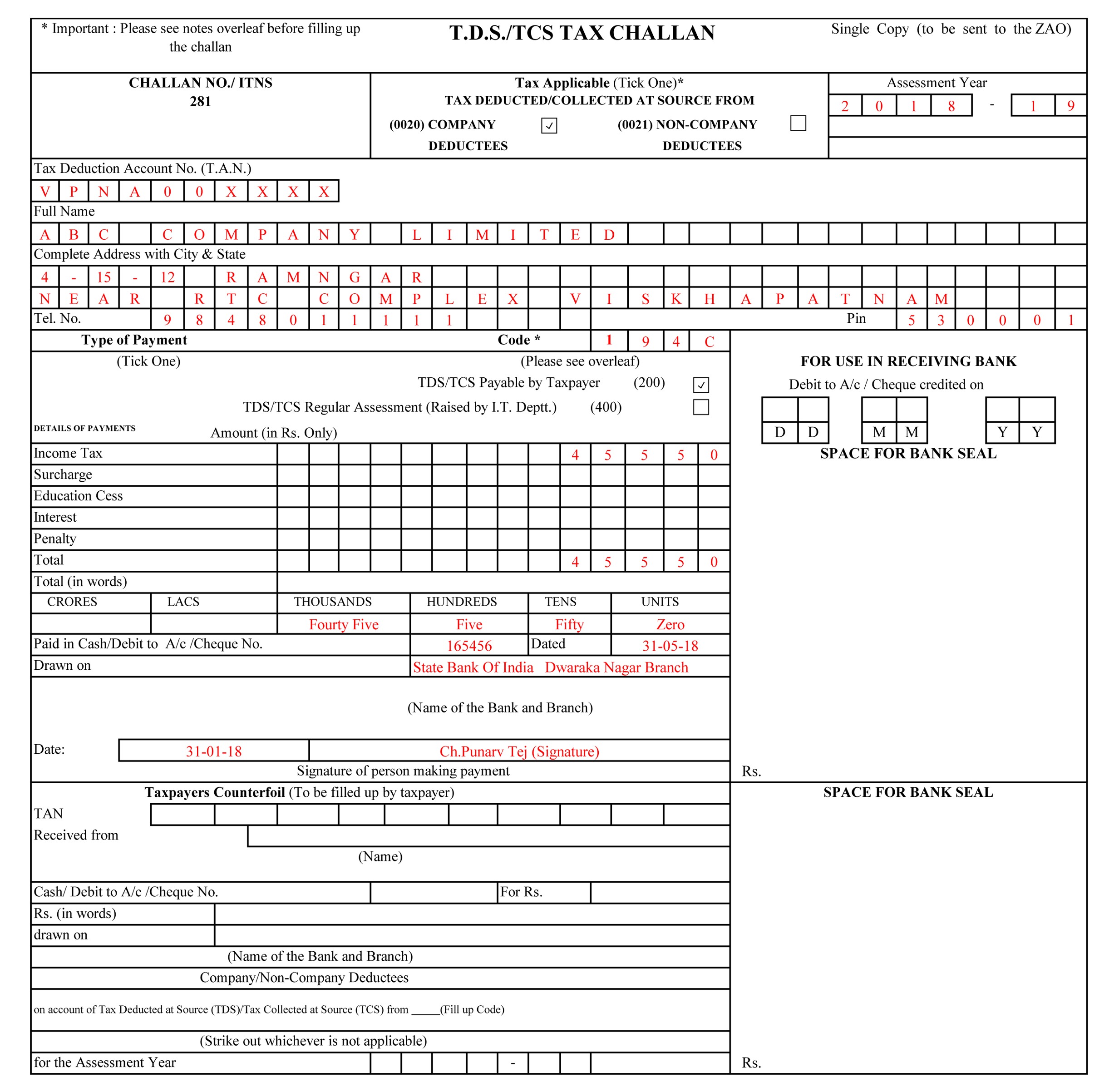 TDS Payment Challan 281 Excel Format TDS Challana 281 Excel Format